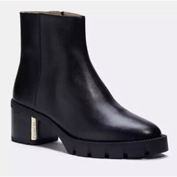 Coach Chrissy Bootie Womens Size 6.5 Black Leather Lug Sole Boots NEW - Picture 1 of 10